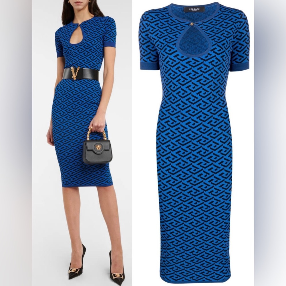 Versace La Greca Knitted Midi Dress blue/black